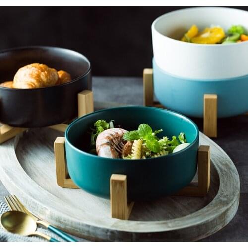 Creative Ceramic Fruit Bowl Round Soup Bowl Household Tableware Wooden Stand Base Bowl Salad Bowl Creative Nordic Light Luxury