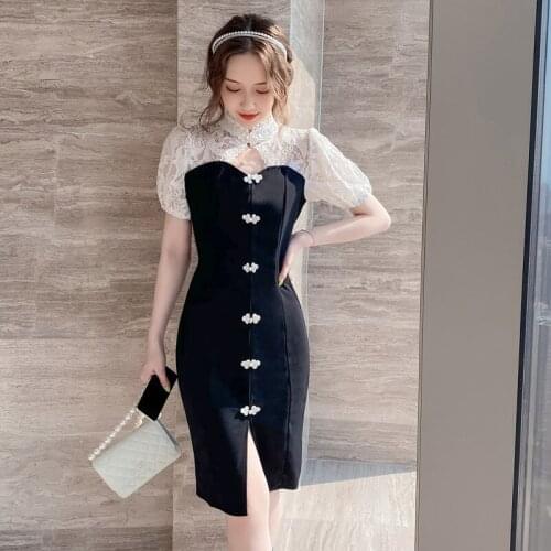 Summer Dress Elegant Vintage Lace Black Women Dresses Bodycon Bandag Office Lady Patchwork Sundress Party Sexy Cheongsam Clothes