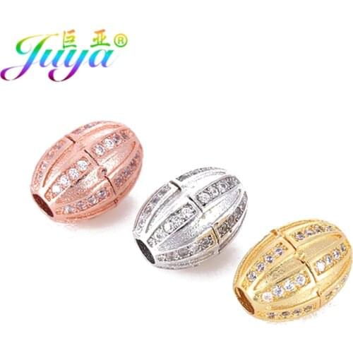 Juya DIY Jewelry Metal Beads Micro Pave Zircon Oval Shape Charm Beads For Women Men Natural Stones Beadwork Jewelry Making