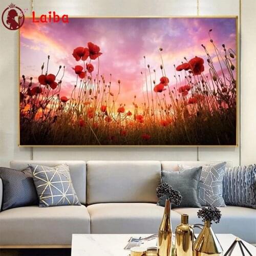 DIY Diamond Painting Poppy flower landscape at sunset Full Square Diamond Embroidery sale Cross Stitch sets Mosaic Handmade Gift