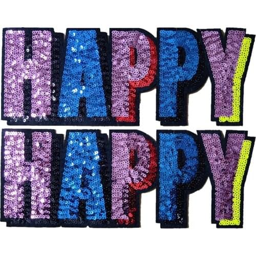 3D HAPPY Colorful Sequined Letters Patches Sticker For Clothing Iron On Badge Diy Appliqued Blue Pink Red Yellow Words Handmade