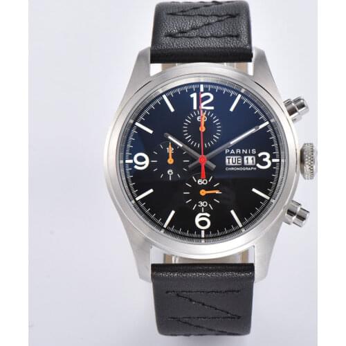 Parnis 42mm Quartz Movement Mens Wristwatch Full Chronograph Black Dial Week Date Display calendar leather strap stop watch