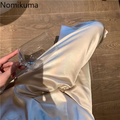 Nomikuma Satin Wide Leg Pants Women Unicolor Stretch High Waist Loose Trousers Korean Style Casual Straight Pantalones Femme