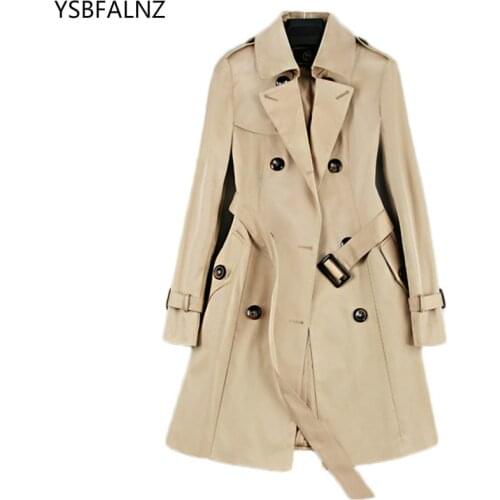 2019 New Fashion Double Breasted Mid-long Trench Coat Women Khaki Slim Belt Cloak Mujer Windbreaker Female Abrigos Brazil LH810
