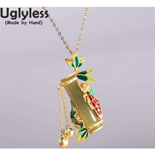 Uglyless Insects Cicada Pendants for Women Ethnic Enamel Bamboo Leaf Necklaces NO Chain Nephrite Jade Jewelry 925 Silver Tassels