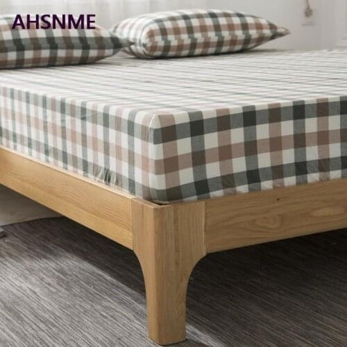 AHSNME 100% Cotton sheets Super Soft parure de lit Cool Summer Simple Coffee blue plaid Fitted Sheet 90x200/120x200/180x200cm