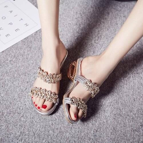 Sandals and slippers womens summer new casual rhinestone square heel metal fish mouth and tendon sole word womens sandals