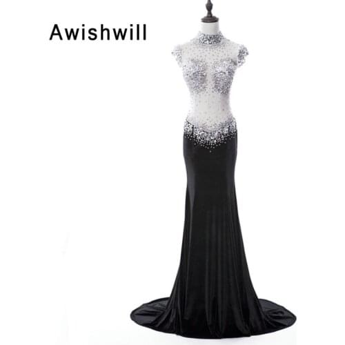 Sexy Long Prom Dress See Through Beadings Rhinestones Sheer Back Velvet Black Party Dress Slim Special Evening Clothes for Women