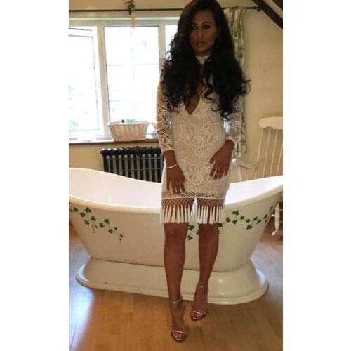 Sexy Ladies Bandage Long Sleeve Women New Fashion Tassel Lace Elegant White Wholesale Bandage Dress