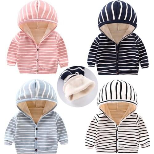 Toddler Hooded Sweatshirts 2019 Winter New Baby Boys and Girls Striped Pullovers Tops Kids Warm Thick Jackets Boys Velvet Coats