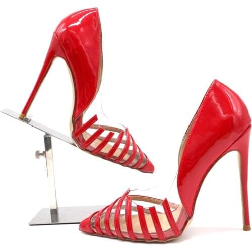 Sexy Red Patent Leather PVC High Heel Shoes Cut-out Shallow Women Pumps Clear Transparent Celebrating Shoes Big Size 10