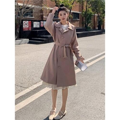 Womens Windbreaker Spring Autumn New Style Korean Fashion Loose Solid Color Wild Double-breasted Long-sleeved Female Coat 072