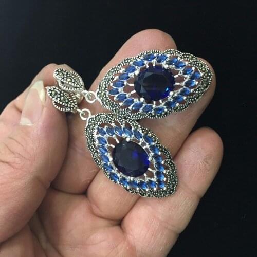 Ladys Fashion Genuine Tibetan Silvers Blue Crystal Art Style Marcasite Earrings