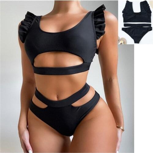 2021 Sexy Women Two-piece Solid Color Bikini Suit Swimsuit Summer Ruffle Hollow Swimwear Push Up Bikini Black Bathing Suit