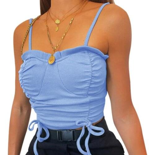 Women Ruffles Top Pleated Drawstring Ribbed Slim Camisole Sexy Off Shoulder Backless Vest Bustier High Quality and Brand New
