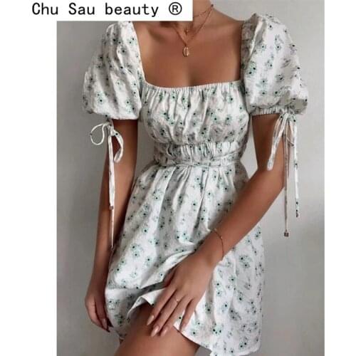 New Fashion 2021 Summer Cotton Casual Chic Flroal Print Mini Dress Women Holiday Style Puff Sleeve Square Collar Dresses Female