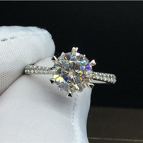 Round Brilliant Cut Moissanite Solid 18K White Gold AU750 1ct 6.5mm Ring DF Color 6 Prong Lab Diamond Wedding Ring For Women