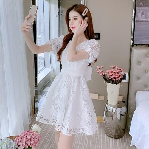 2021 Spring Summer Women Elegant Dress Lace Hollow out Beading Back Bow Short Puff Sleeve Sexy White V-neck Vintage Mini Dress