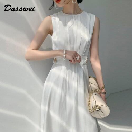 DASSWEI Women Sleevless Midi Dress Casual O-Neck Slim High Waist White Party Dress Female Elegant Vestidos 2021 Summer Fashion