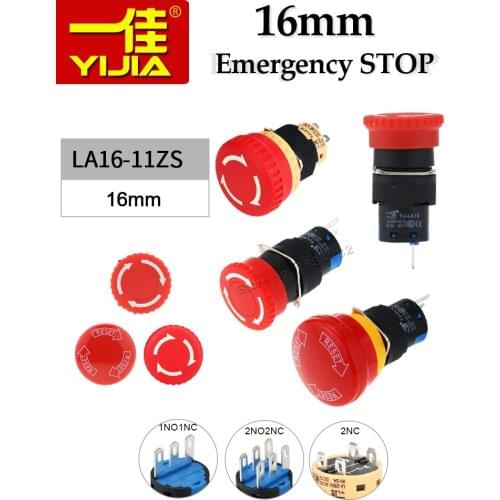 Emergency stop button Big head Silver contact 16mm Maintained Push Button Switch Self lock button six pins 2NONC LA16-22ZS/A