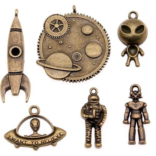 4pcs Charms Rocket DIY Jewelry Making Jewelry Accessories Antique Bronze Plated Astronaut Charms UFO Alien Charm