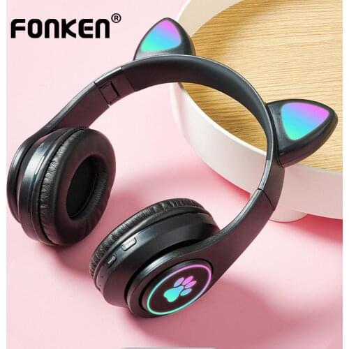 FONKEN Bluetooth Headphones Wireless Earphones Cute Car Ears Headband Flash LED Earphone Foldable Music Headset With Microphone
