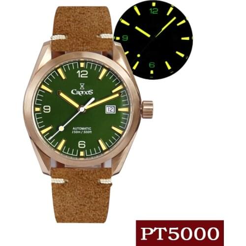 CRONOS Bronze Pilot Watch Mens Mechnical Dive Watches 10ATM Luxury CuSn8 Automatic PT5000/SW200 Sapphire Crystal Super Luminous