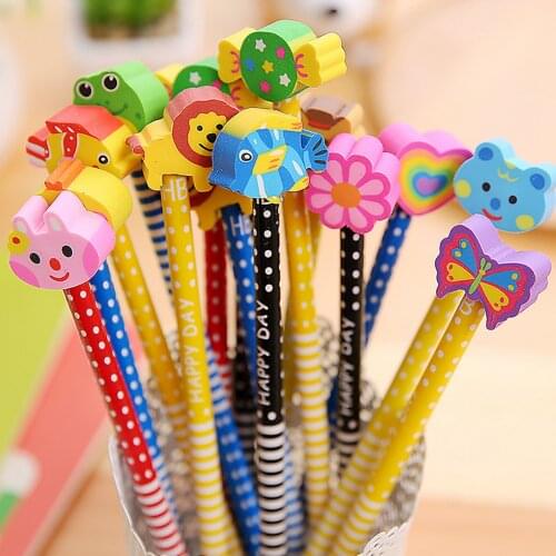 40pcs HB Kawaii Cartoon Pencil with Erasers Set + 1pcs Lovely Pencil Case Pouch for Children Kids School Supplies Reward Gifts