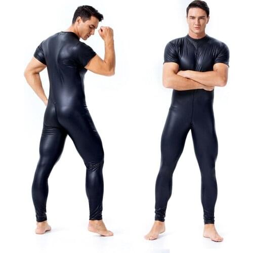 Men wetlook Faux Leather Double zipper Open Crotch pvc lingerie bodysuit gay Hot Lingerie Latex Catsuit Fetish Wear Sexy Costume