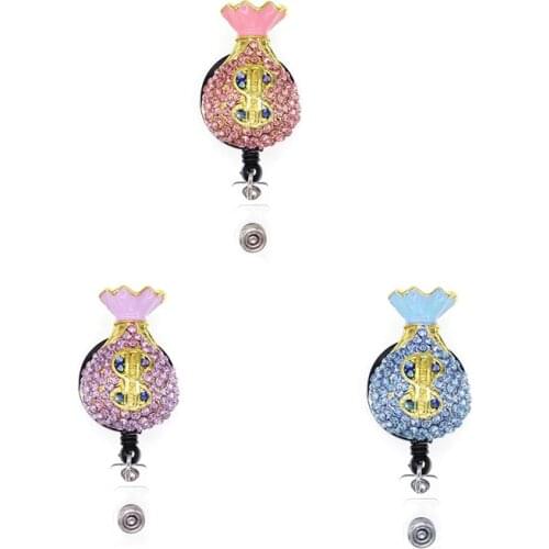 Recyclable medical nurse office pocket money bag save USD rhinestone crystal enamel Retractable Badge Reel ID Badge Holder
