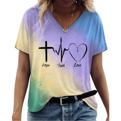 Gradient Electrocardiogram Print T Shirt Short Sleeve Women Top Plus Size Casual T Shirt Fashion V-Neck Ladies Shirt Summer 2021