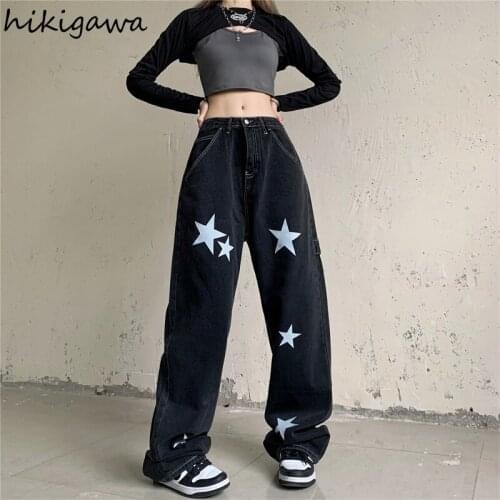 Hikigawa High-waist Five-pointed Star Jeans Women Trousers Loose Straight Wide Leg Pants Korean Fashion Autumn Denim Pantalones