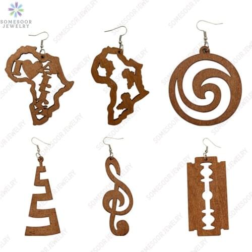 SOMESOOR Wholesale Engraved Wooden Drop Earrings Collections I Love African Map Note Circle Design Dangle Jewelry For Women Gift