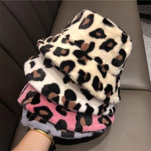 Autumn Winter Leopard Print Bucket Hats For Women Lamb Wool Warm Panama Caps Men Outdoor Soft Warm Fishing Cap Hip Hop Bob Hat