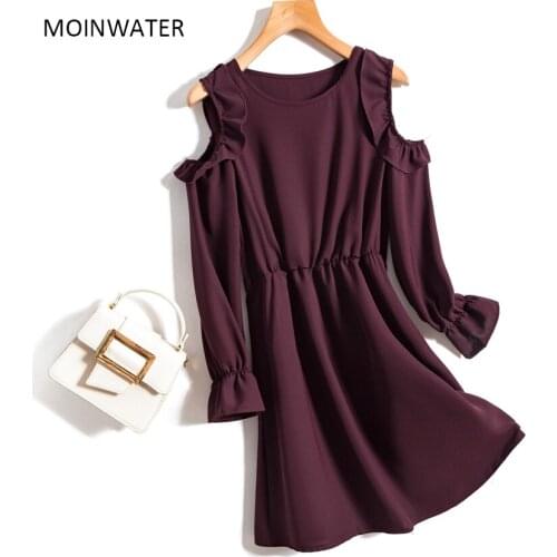 MOINWATER Brand New Long Sleeve Women Dresses Lady Burgundy Ruffles Sleeve Dress Female Autumn Clothing MD2007