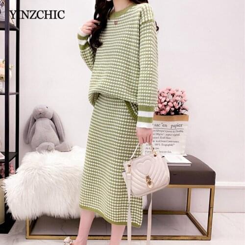 Thick Woman Winter Knit Suits Female Casual Loose Sweater A-line Skirt Sets Plaid Ladies Knitted Two-pieces Set Warm