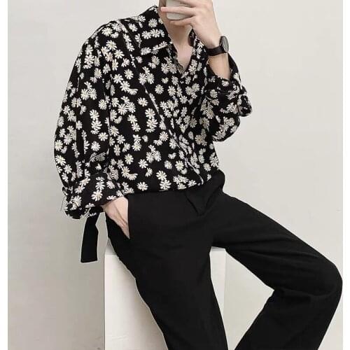 Harajuku printed shirts mens top 2021spring autumn Korean fashion new long-sleeved daisy casual loose vintage youth shirt trend
