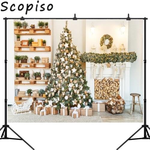 Scopiso Christmas Tree Backdrop Fireplace Photo Background White Room Photography Backdrops for Wood Floor Props
