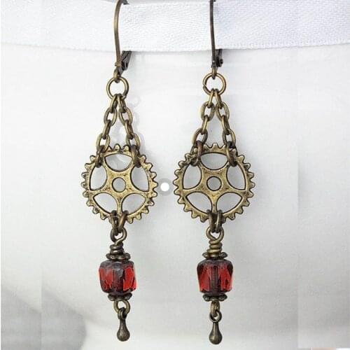 Cog Earrings, Agate green Steampunk Earrings, Bronze Gears Ear Rings, Steam Punk Jewellery