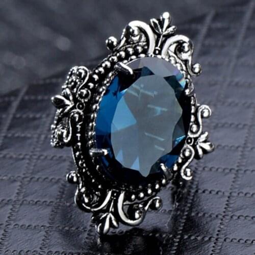 Blue Cubic Zircon Women Ring Wedding Band Thai Vintage Jewelry Female Finger Ring Party Engagement Retro