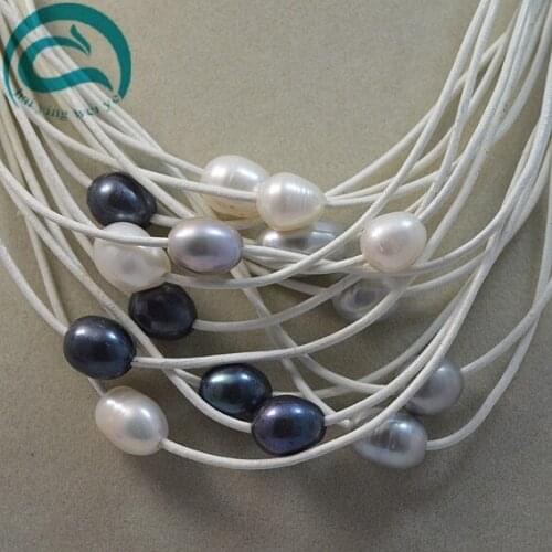 Unique Real Leather Pearl Necklace Big Hole Genuine Freshwater Pearl Learther Rope Magnet Clasp Fine Jewelry More Color Choose