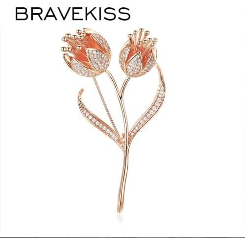 BRAVEKISS CZ Crystal Tulip Flower Brooches for Women Rose Gold Color Wedding Bridal Apparel Accessories Christmas Gift PUX0015A