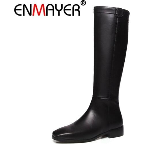 ENMAYER Women Knee high Boots Pointed toe Shoes Woman Thick Heel Fashion Boots Leather Winter Lattice Thigh high boots CR1733