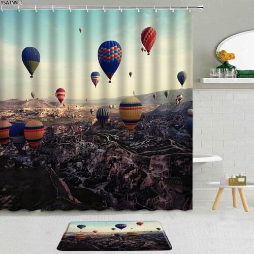 2Pcs Hot Air Balloon Shower CurtainTurkey Romantic Scenery Mountain Colorful Sky Bathroom Non-Slip Bath Mat Curtains Fabric Set