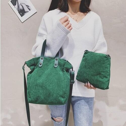 2pcs Autumn Winter Corduroy Shoulder Bags For Women 2021 Solid Color Large Capacity Tote Bags Female Messenger Bag Composite Set