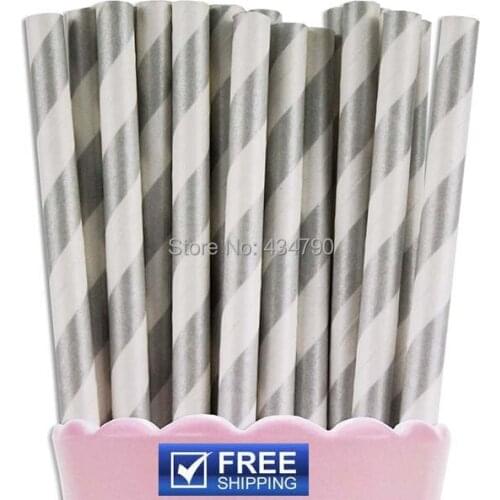 200pcs Wedding Christmas Silver Striped Paper Straws,Metallic Silver Wedding Party Decor // Celebration Event Wholesale UK