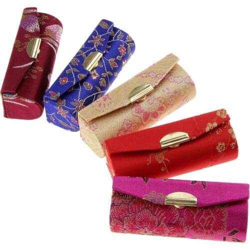 5pcs Chinese Brocade Lipstick Case Storage Box with Mirror - Floral Prints - Random Assorted Colors