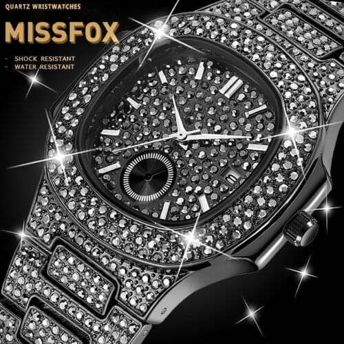 MISSFOX Mens Watches Top Brand Luxury Japan Quartz Movt Black Diamond Quartz Watch Luxury Square Diamond Blacked Out Watch