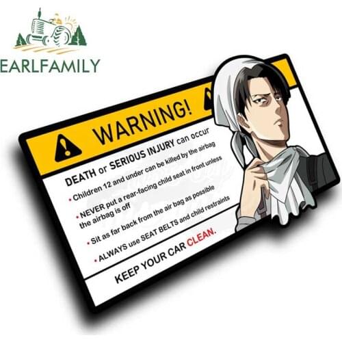 EARLFAMILY 13cm x 7.3cm Creative Warning Car Sticker for Levi Ackerman Decal Cartoon Anime Vinyl JDM Window Trunk Stickers