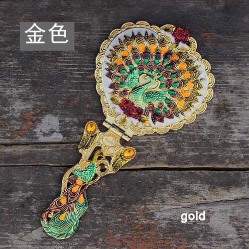 Classical portable antique gold metal European makeup mirror handle mirror carry-on dressing mirror lovers birthday gift 354